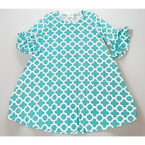 Lily Sky Dress Women's 3X Aqua Blue Midi Trellis Print Pockets 3/4 Bell Sleeves - Picture 1 of 12